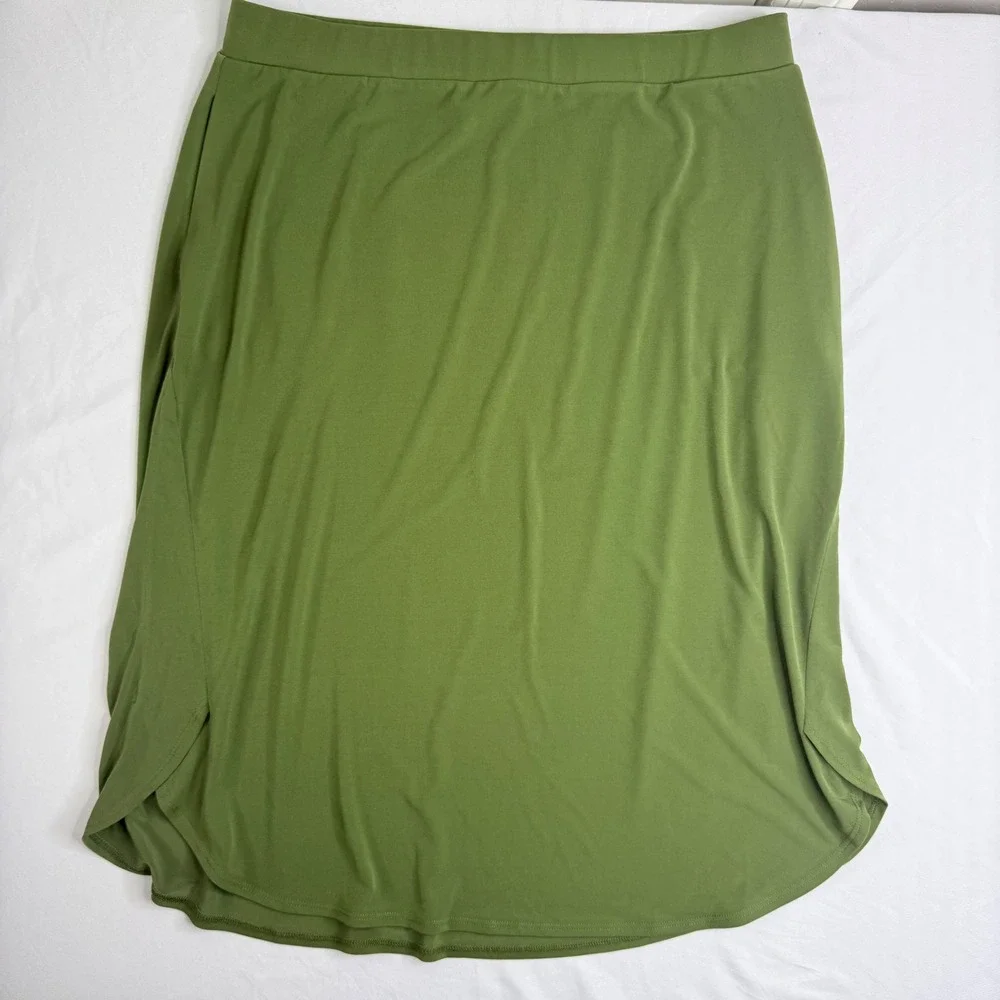 Susan Graver Modern Essentials Olive Green Liquid Knit Midi Skirt Pockets MP